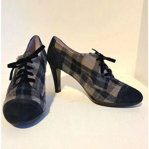 WOMENS JOHNSTON & MURPHY WING TIP PLAID HEELS SHOES 1950'S STYLE SUEDE SZ 9.5 M